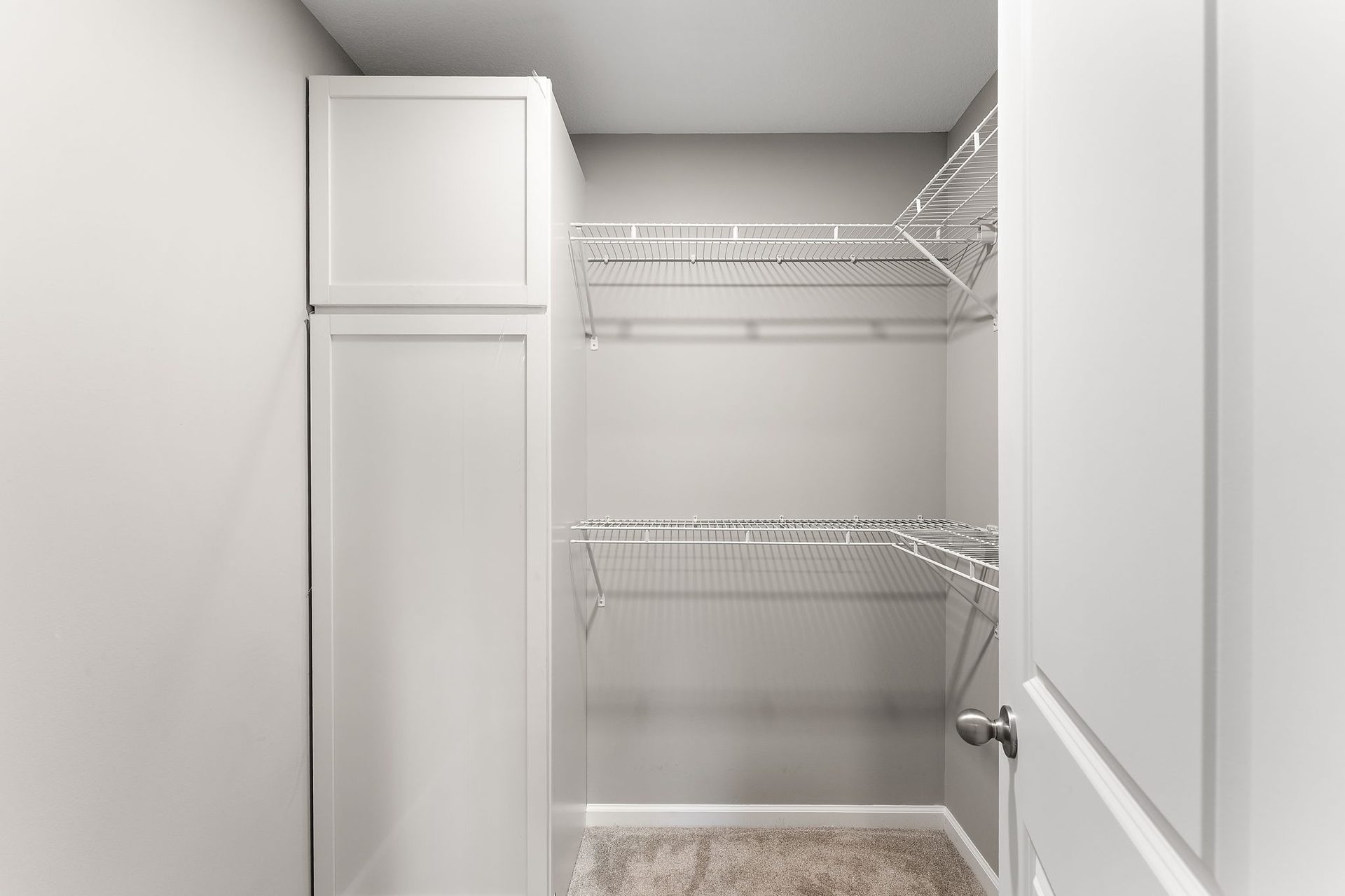 Walk-in closet with white wire shelving and a painted surround