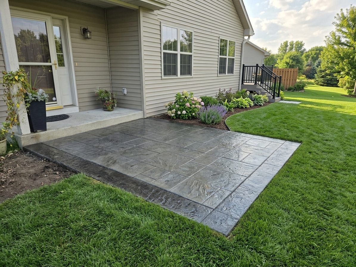 Stamped concrete patio laid against a lawn edge, with planting at the house wall