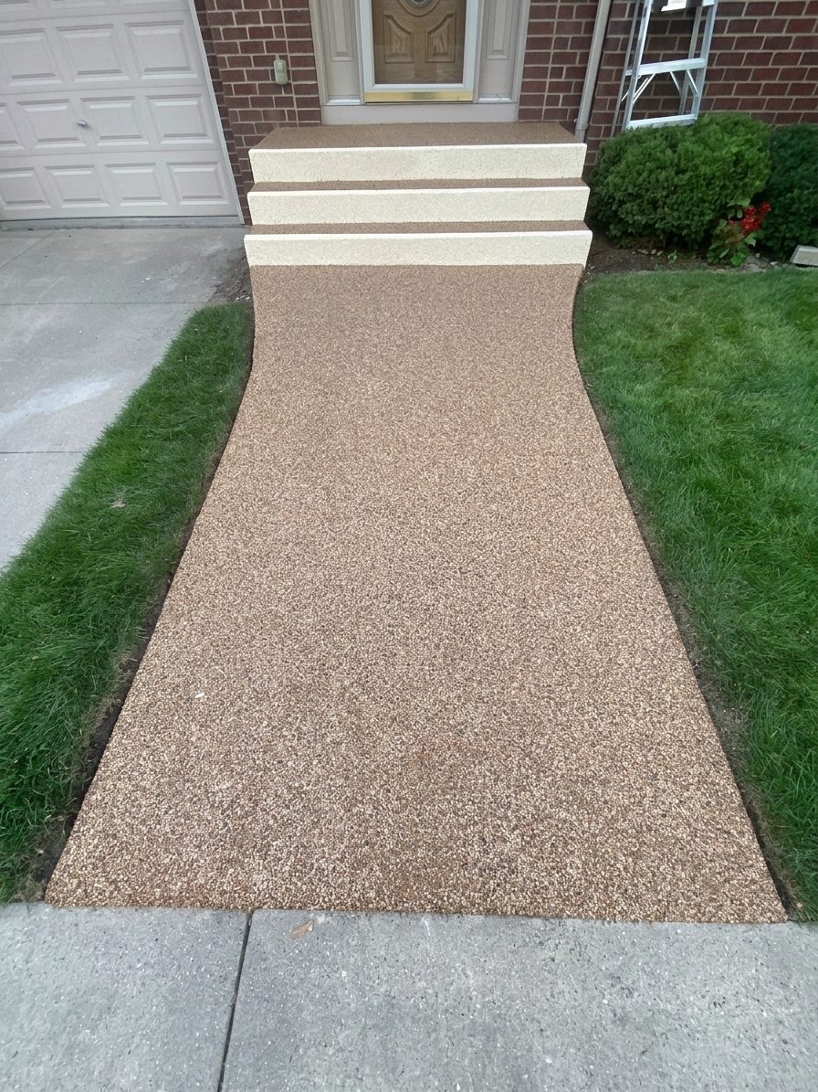 Resin-bound walkway and steps to a front entry, with a contrasting nosing to each tread
